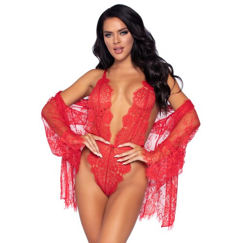 Leg Avenue Floral Lace Teddy and Robe Red Medium