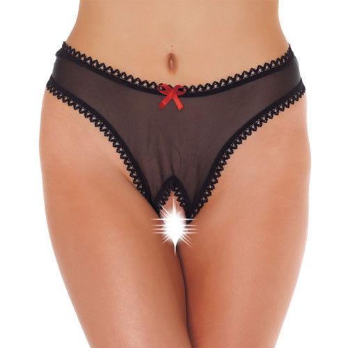 Crotchless Sheer Black G-String with Red Bow