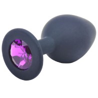 Medium Black Silicone Butt Plug with Purple Jewel