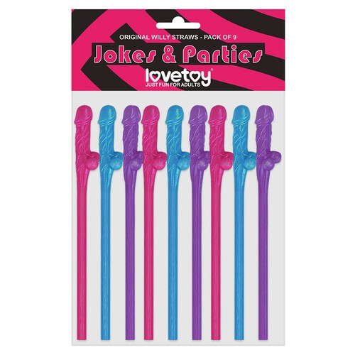 Pack de 9 Pajitas con Forma de Pene - Azul, Rosa y Púrpura