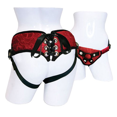 SportSheets Corset Rojo de Encaje y Satén con Soporte Strap-On