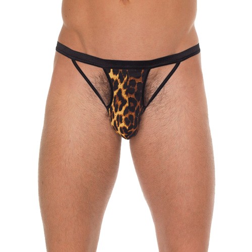 Tanga Negro para Hombre con Tirantes Negros y Bolsa de Estampado Animal