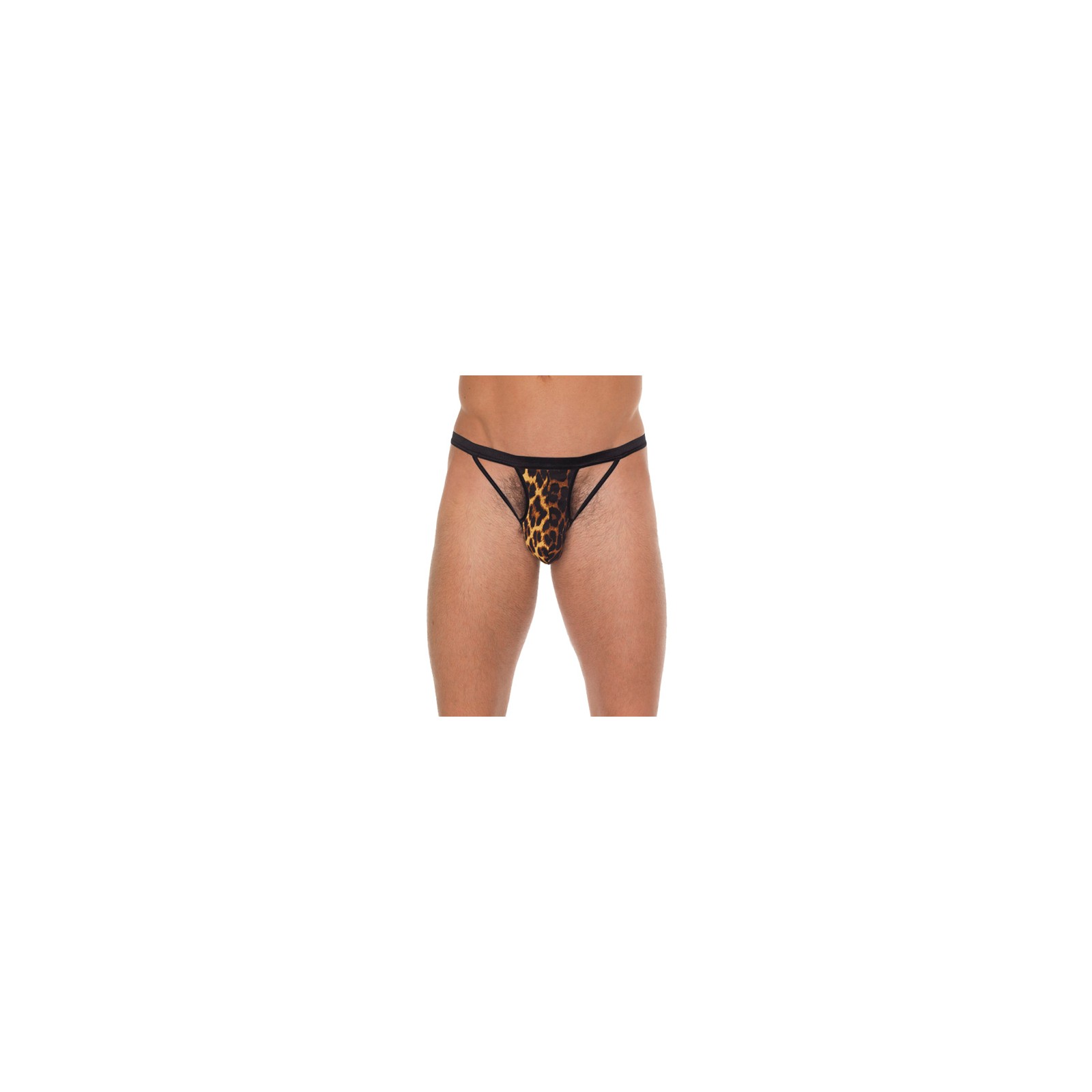 Mens Black G-String With Black Straps To Animal Print Pouch