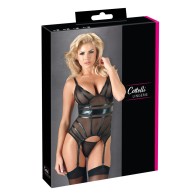 Black Powernet Suspender Basque with G-String for Elegant Seduction