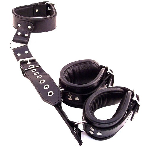 Restricciones de Cuero Negro de Cuello a Muñeca para BDSM