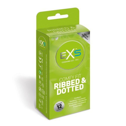 EXS Comfy Fit Ribbed and Dotted Condoms 12 Pack for Extra Stimulation