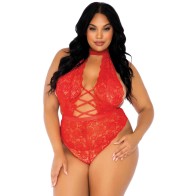 Leg Avenue Floral Lace Crotchless Teddy Red UK 14 to 18