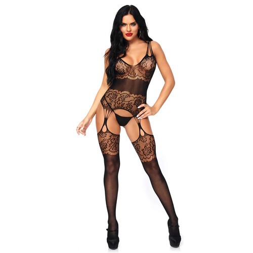 Leg Avenue Strappy Rose Lace Bodystocking UK 6 to 12