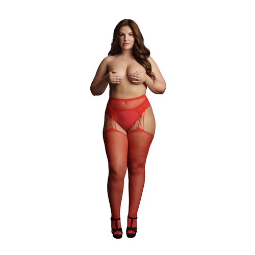 Le Desir Suspender Rhinestone Pantyhose Red