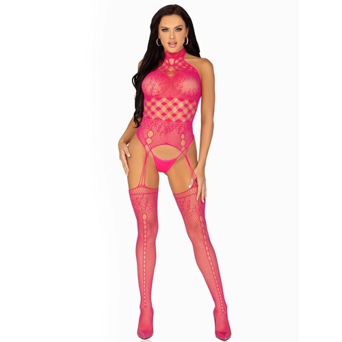 Leg Avenue High Neck Halter Net and Lace Suspender